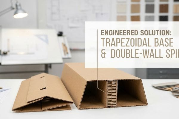 Brown corrugated cardboard structures on a white desk, highlighting an Engineered Solution: Trapezoidal Base & Double-Wall Spine.