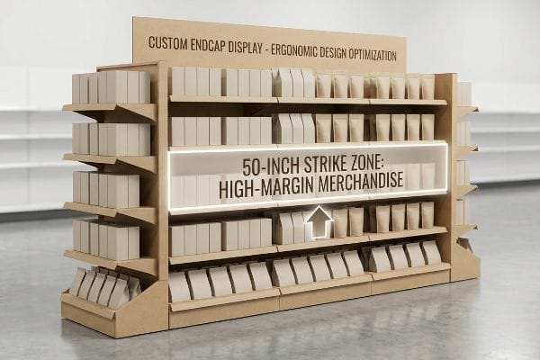 Kraft paper endcap display featuring a 50-Inch Strike Zone for High-Margin Merchandise, optimized for Ergonomic Design in a retail setting.
