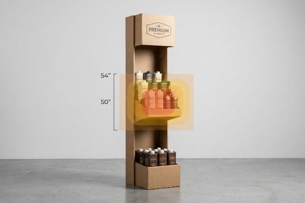 Brown corrugated cardboard floor display showcasing Premium Beverage Co. products within the 50-54 inch ergonomic strike zone.