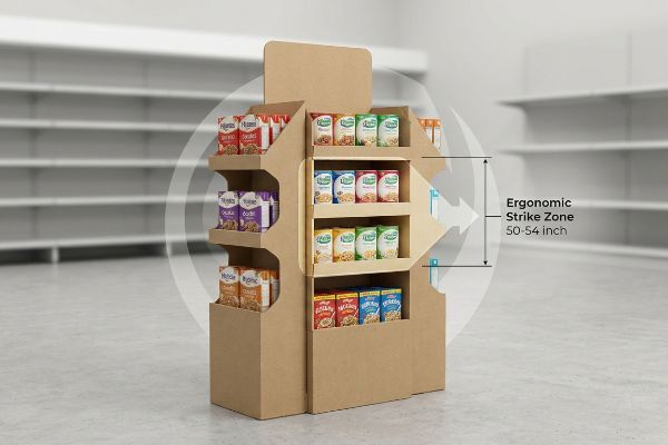 Brown cardboard POP display with products, highlighting the Ergonomic Strike Zone 50-54 inch for optimal shopper interaction.