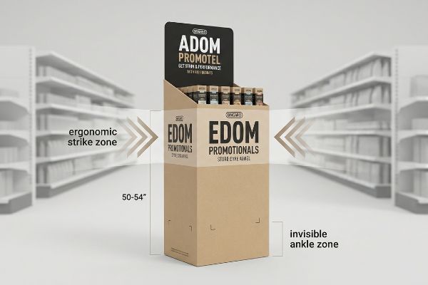 عرض أرضي من الورق المقوى لمنتجات Adom Promotel و Edom Promotionals، مع التركيز على منطقة الضرب المريحة التي تتراوح بين 50 و 54 بوصة فوق منطقة الكاحل غير المرئية.