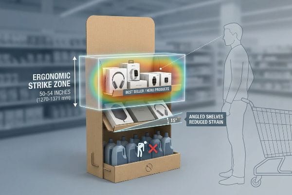 Cardboard display shows Ergonomic Strike Zone 50-54 Inches for Best Seller Hero Products, with 15-degree Angled Shelves reducing strain.