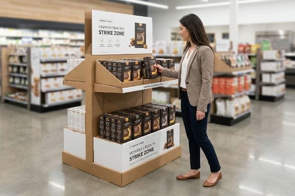 Natural kraft corrugated cardboard display showcasing 