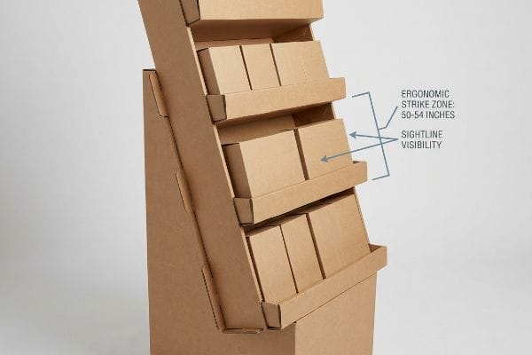 Corrugated sidekick display with tiered shelves holding small boxes, illustrating Ergonomic Strike Zone: 50-54 Inches and Sightline Visibility.