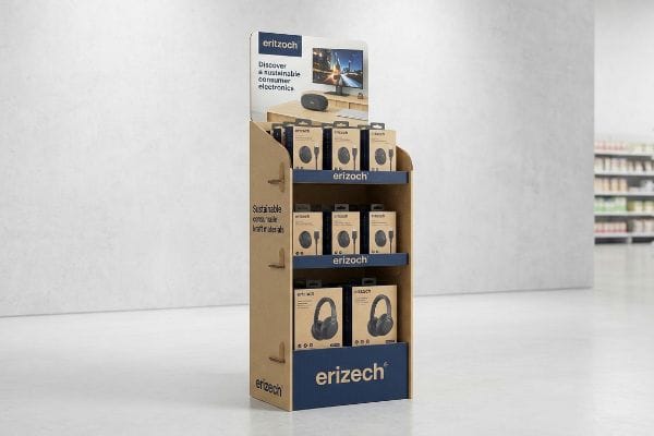 A retail display stand made from kraft cardboard showcases erizech sustainable consumer electronics, including headphones and smaller devices.