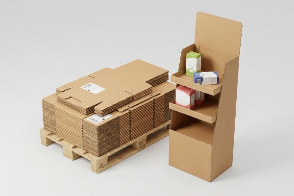 تتضمن تجهيزات البيع بالتجزئة مكونات عرض من الورق المقوى المموج القابل للطي على منصة نقالة خشبية من نوع EUR EPAL، إلى جانب حامل عرض مكون من رفّين مع صناديق المنتجات.