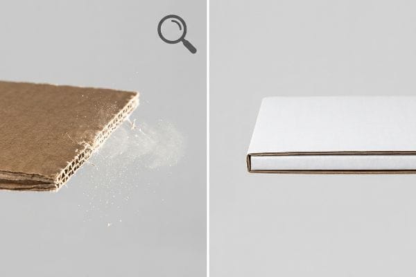 Brown corrugated cardboard with exposed flutes shedding microscopic dust particles, contrasted with a clean white-lined packaging edge.