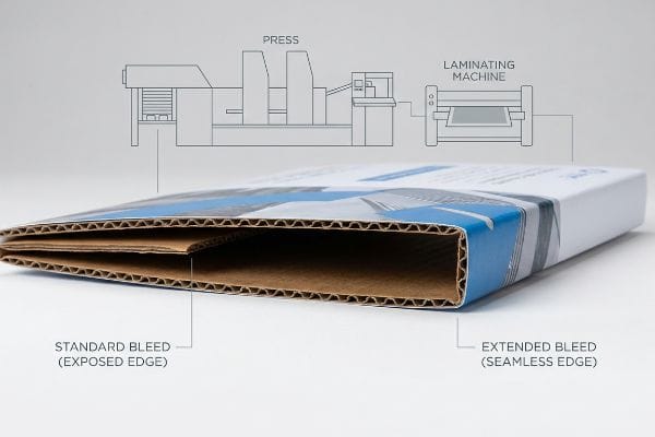 Corrugated cardboard cross-section showing Standard Bleed (Exposed Edge) and Extended Bleed (Seamless Edge), with a diagram of the Press and Laminating Machine.