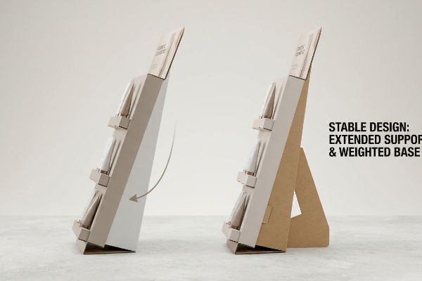Cardboard countertop display demonstrating a Stable Design with Extended Support & Weighted Base, contrasted with an unstable unit.