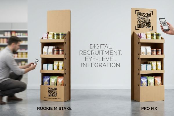 Corrugated cardboard retail displays illustrate Digital Recruitment: Eye-Level Integration, comparing a Rookie Mistake with low QR code placement to a Pro Fix at eye-level.