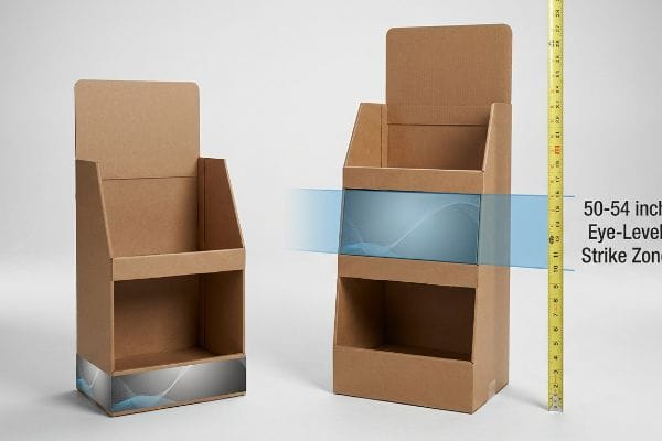 Brown corrugated retail product displays, one illustrating the 50-54 inch Eye-Level Strike Zone for optimal visibility.