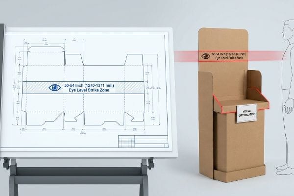Brown corrugated display stand and blueprint illustrate the 50-54 Inch (1270-1371 mm) Eye Level Strike Zone for Visual Optimization.
