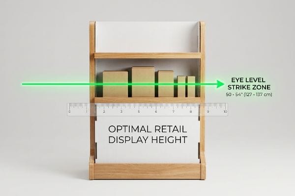 Wooden retail display highlights the Eye Level Strike Zone at 50-54