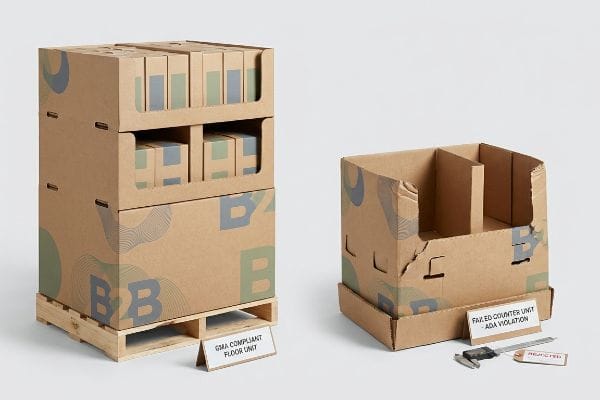 Brown corrugated cardboard displays: a GMA Compliant Floor Unit on a pallet and a Failed Counter Unit with an ADA Violation sign, caliper, and 'Rejected' tag.