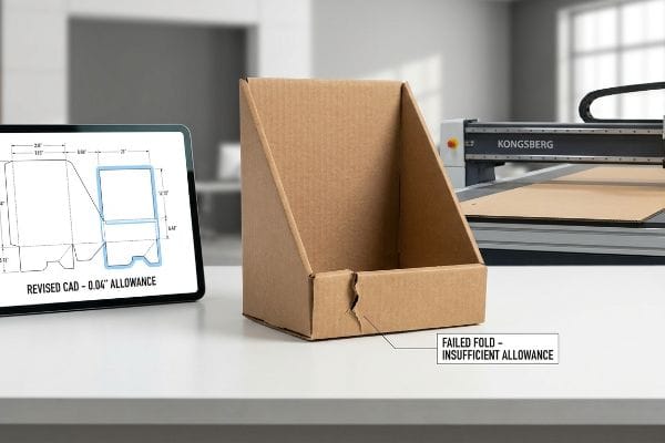 Brown corrugated display box with a Failed Fold from Insufficient Allowance, a tablet showing Revised CAD 0.04