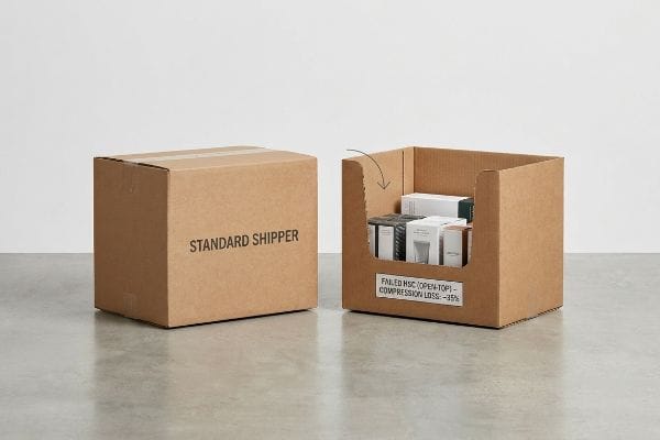 Brown corrugated cardboard boxes, one labeled 'Standard Shipper' and another open-top 'Failed Hsc (Open-Top) - Compression Loss: -35%' filled with retail products.