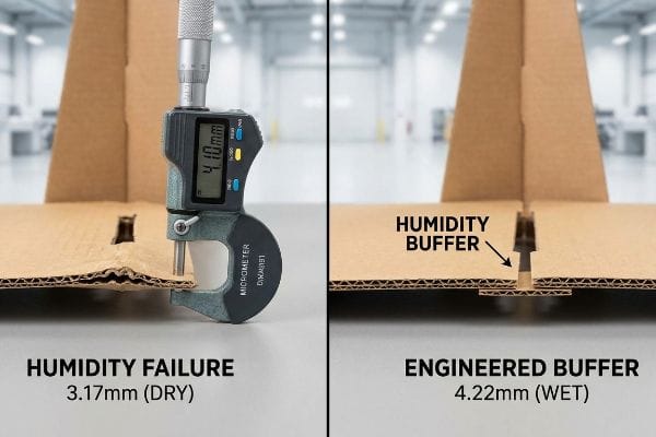 El micrómetro mide 4,10 mm en una ranura corrugada que no resiste la humedad, en contraste con un amortiguador de humedad diseñado específicamente que mide 4,22 mm.