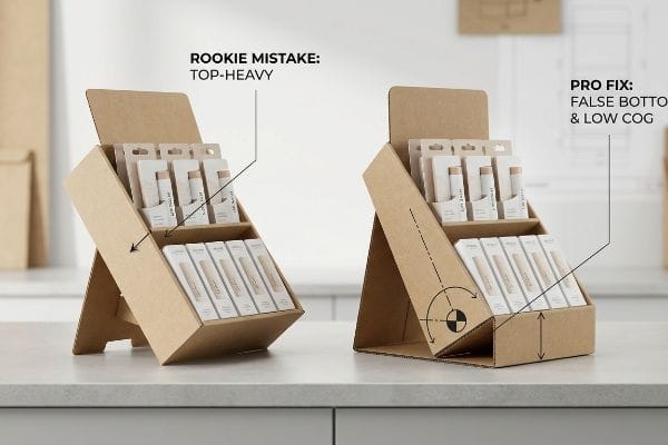 Kraft cardboard POS display comparison: 'Rookie Mistake: Top-Heavy' vs. 'Pro Fix: False Bottom & Low Cog' for lip balm.