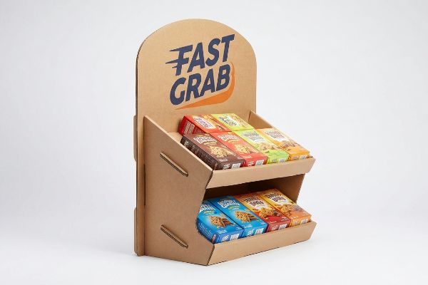 Natural brown corrugated cardboard counter PDQ display with 'Fast Grab' header, two angled tiers of snack bar boxes.
