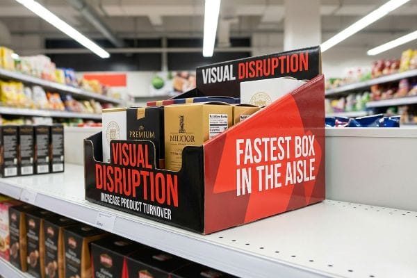 Black and red PDQ display box, with 'Visual Disruption' and 'Fastest Box In The Aisle,' holds products on a store shelf.