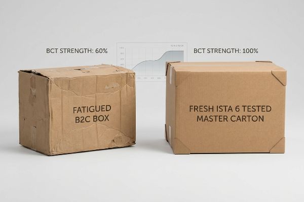 Fatigued B2C box at 60% BCT Strength next to a fresh ISTA 6 Tested Master Carton at 100% BCT Strength.