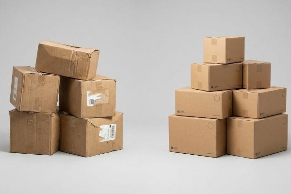 Worn, used corrugated cardboard boxes on the left contrast with a neat stack of new, pristine shipping boxes on the right.