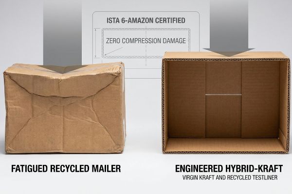 A Fatigued Recycled Mailer, crushed on the left, contrasts with a pristine Engineered Hybrid-Kraft box on the right, labeled ISTA 6-Amazon Certified Zero Compression Damage, made from Virgin Kraft and Recycled Testliner.