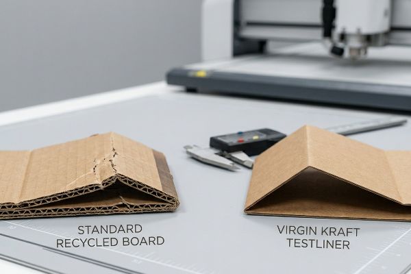 Em close-up, compara-se a dobradura de papelão reciclado padrão com a superfície lisa do Testliner de papel kraft virgem, demonstrando a elasticidade superior das fibras para cortes precisos.
