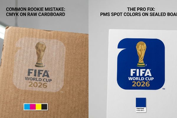 Raw cardboard shows faded FIFA World Cup 2026 CMYK print, contrasted with a vibrant Pantone PMS 288 C logo on sealed white board.