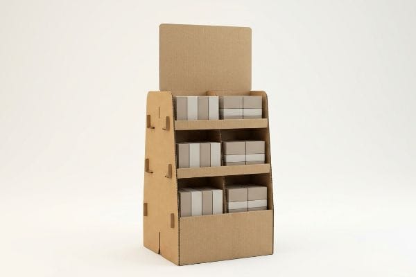 Natural brown corrugated cardboard floor display unit with three shelves holding light-colored product boxes and a header panel.
