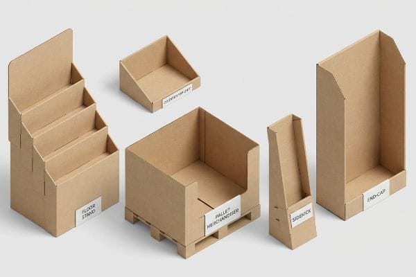 Five natural kraft corrugated cardboard retail display units: Floor Stand, Countertop Unit, Pallet Merchandiser, Sidekick, and End-Cap.
