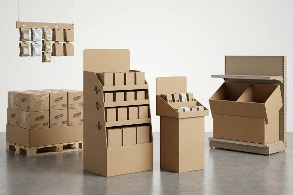 Natural kraft corrugated floor unit, countertop tray, pallet modules, and hanging clips display diverse retail POP solutions.