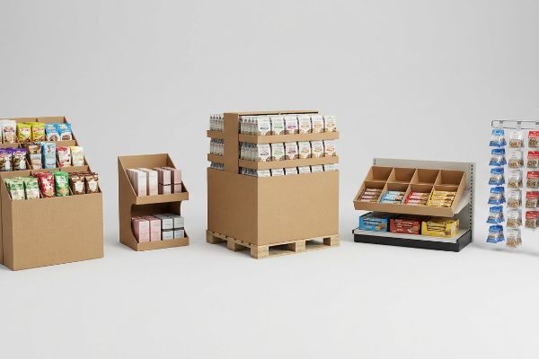 Cardboard retail displays: floor, countertop, pallet, shelf merchandiser, and hang tab units showcasing diverse packaged goods.