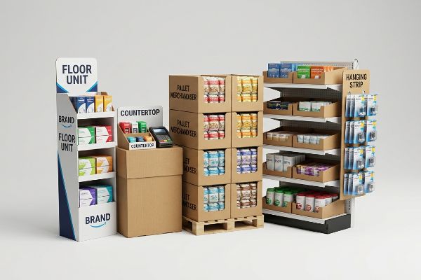 Cardboard retail displays: Floor Unit, Countertop, Pallet Merchandisers, shelf trays, and a Hanging Strip showcasing diverse products.