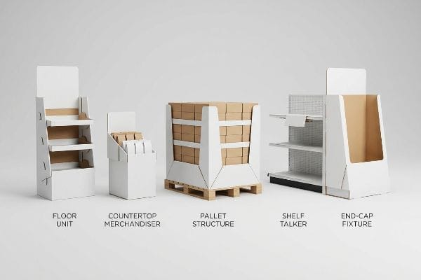 White and brown corrugated cardboard displays showcasing five retail types: Floor Unit, Countertop Merchandiser, Pallet Structure, Shelf Talker, and End-Cap Fixture.
