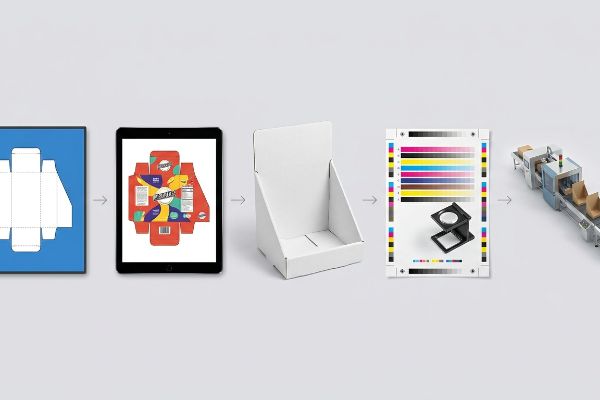 Corte estrutural, arte gráfica digital "Zap!", exibição de amostras em branco, gerenciamento de cores na pré-impressão e produção em massa para embalagens de varejo.