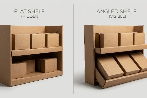 Natural kraft cardboard display comparing a Flat Shelf (Hidden) with an Angled Shelf (Visible) for product visibility.