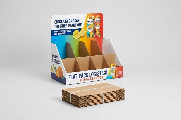Corrugated Chick-a Econosay point-of-purchase display with Flat-Pack Logistics branding, positioned next to a stack of flat-packed cardboard units.