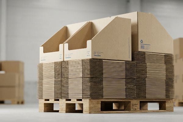 Assembled and flat-packed corrugated cardboard pallet display boxes stacked on wooden pallets in a warehouse.