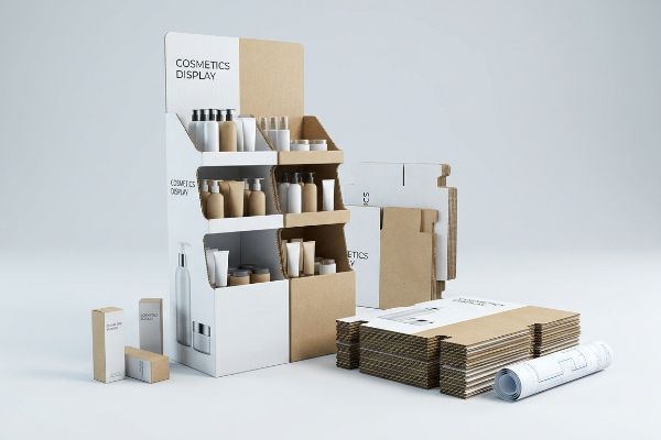 Corrugated cosmetics display units, both assembled with product bottles and flat-packed, next to design blueprints.