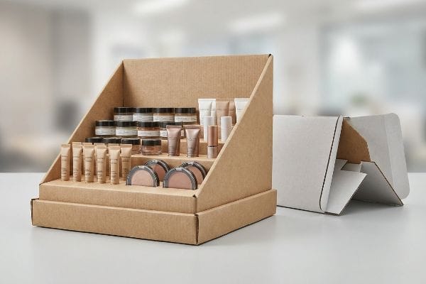 Brown corrugated cardboard multi-tiered countertop display holds various cosmetic products, alongside a white flat-packed display unit.