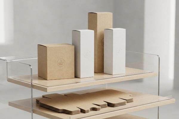 Modern retail display with eco-friendly packaging: assembled kraft and white cartons with leaf logos, flat-packed brown cardboard on wood shelves.
