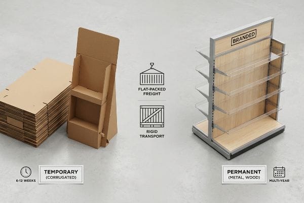 Comparing flat-packed corrugated temporary displays and a rigid metal-wood permanent display with 'Branded' header.