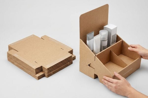 Hands assemble a modular kraft cardboard tabletop display with products, contrasting with flat-packed pre-glued display trays.