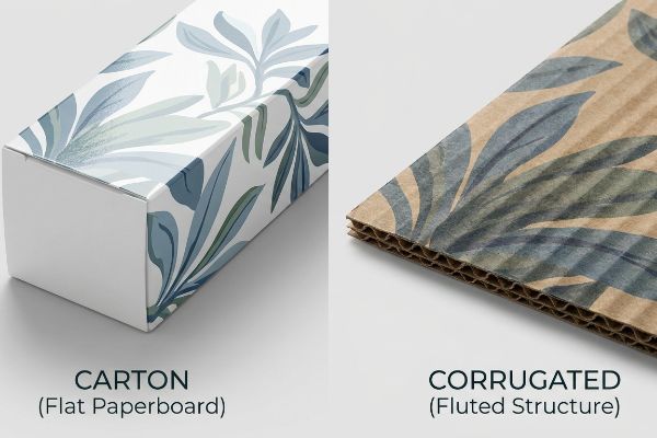 Comparação entre uma caixa de papelão lisa (papelão plano) com estampa de folhas azuis e uma caixa de papelão ondulado texturizado (estrutura canelada), destacando as diferenças na embalagem.