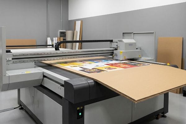 A wide-format flatbed digital printer applies vibrant ink directly onto corrugated cardboard sheets, showcasing efficient production of multiple designs.