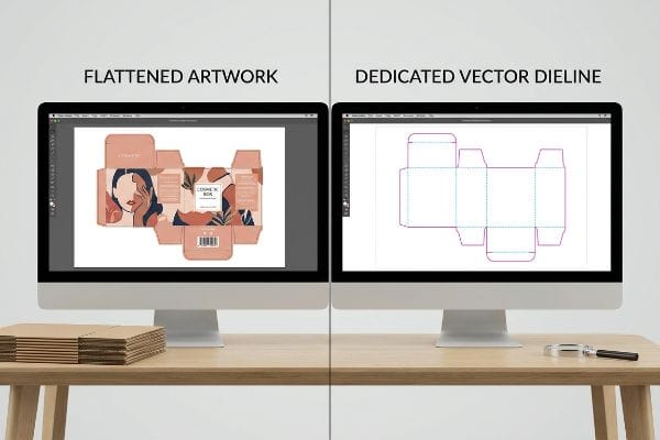 Two monitors on a wooden desk display Flattened Artwork for a Cosmetic Box and its Dedicated Vector Dieline for structural packaging.