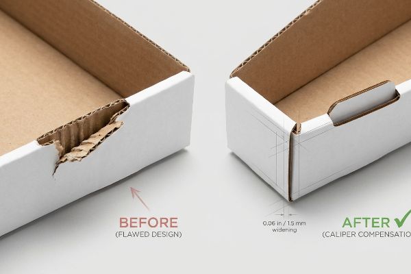 White corrugated box corners show a Before (Flawed Design) with a torn joint versus an After (Caliper Compensation) with a 0.06 in / 1.5 mm widening.