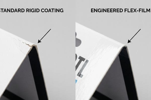 A close-up compares a Standard Rigid Coating with severe cracking at a 180-degree fold to a smooth, uncracked Engineered Flex-Film, highlighting zero micro-fractures.