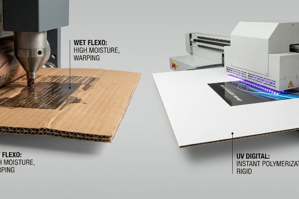 A alta umidade do processo Wet Flexo deforma o papelão ondulado marrom, contrastando com a polimerização instantânea do UV Digital em papelão branco rígido.